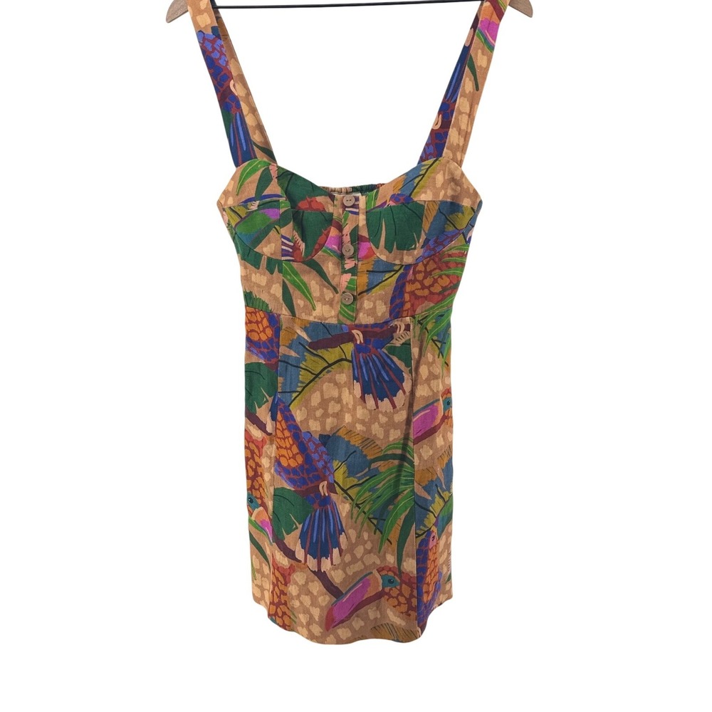 Farm Rio Sand Painted Toucans Mini Dress Womens Small Linen Tropical Boho - Picture 3 of 9